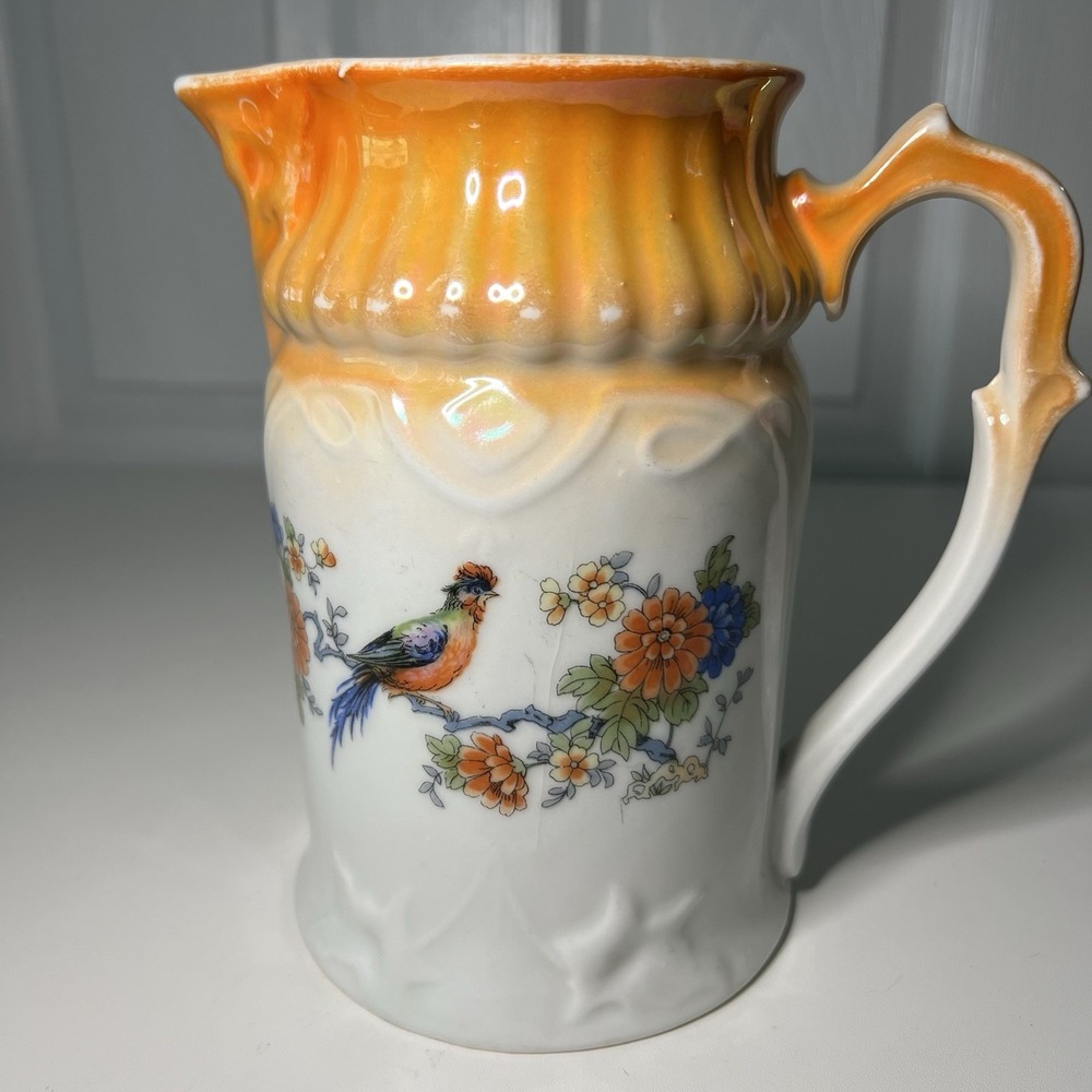 RCW Bavaria Iridescent Lusterware Pitcher Bird and Floral Motif